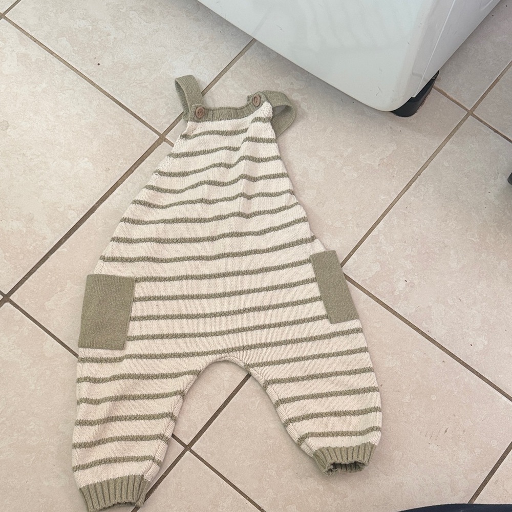 Zara Kids Olive and Cream Striped Overalls